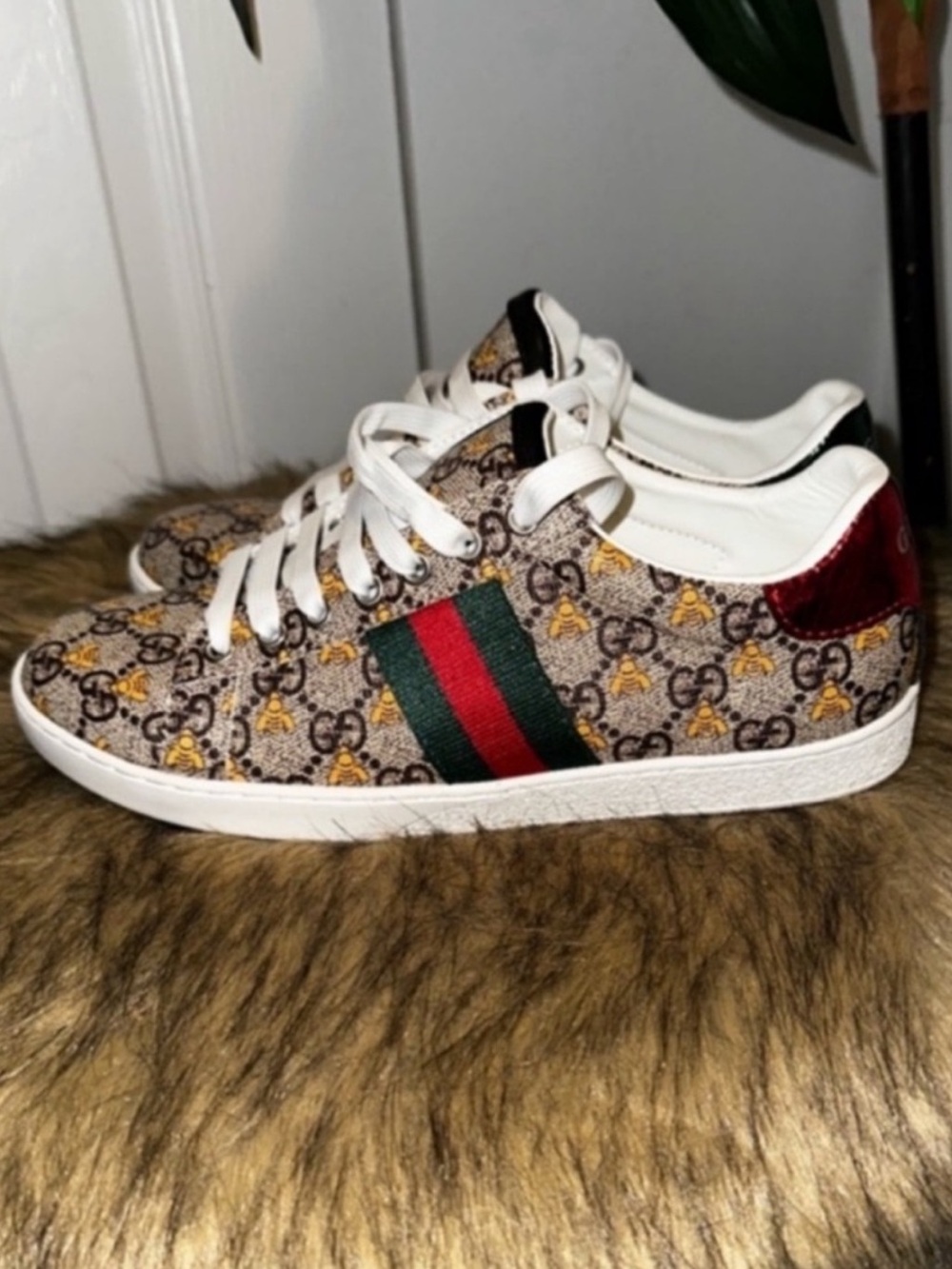 Gucci Brown GG Bee Canvas Sneakers with Red & Green Stripe